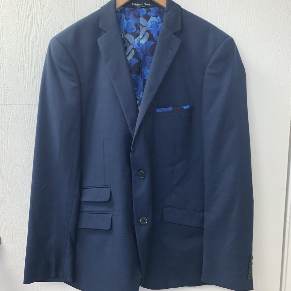 Paisley & Gray Navy Blue Slim Fit Blazer 40S‎ Bold Lining 2-Button Suit Coat